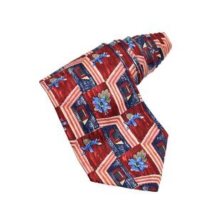 Gallis Mens Tie Necktie Hand Made Silk Abstract Floral Geometric Red Blue Tan